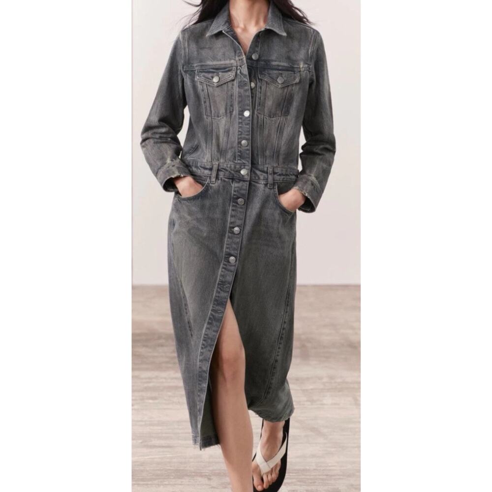 ZARA ZW Collection Cotton Denim Jean Midi Shirt Dress Gray 6840/055 Sz XS